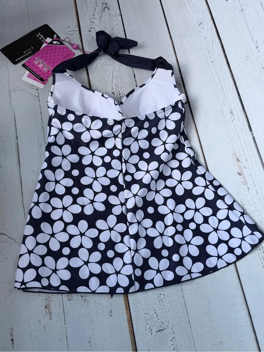 NWT AoManni Navy White Daisy Halter Swim Dress Tankini - TOP ONLY